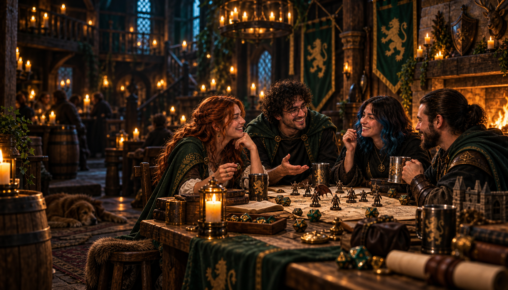 Un gruppo di amici gioca di ruolo attorno a un tavolo in un’ambientazione fantasy